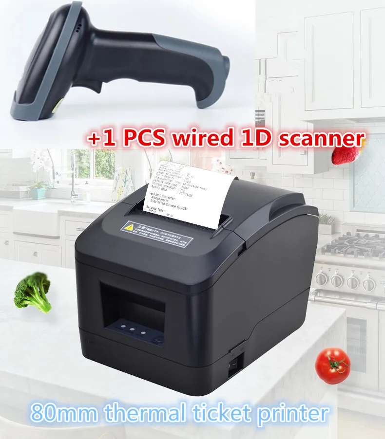 

Gift1 PCS wired 1D scanner + pos Ticket printer High quality 80mm thermal receipt printer automatic cutting USB port or Ethernet