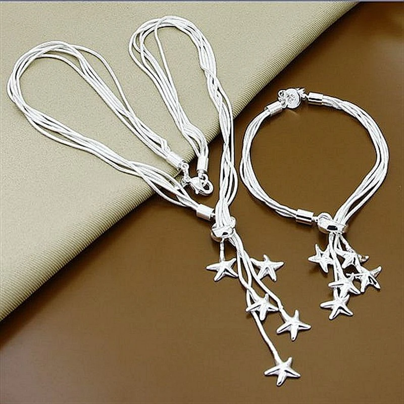 

Top Quality Exquisite 925 Sterling Silver Five Stars Snake Chain Necklace Bracelet Jewelry Sets for Woman Gift