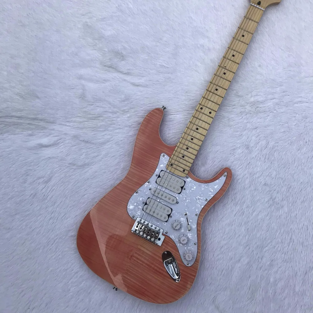

Split beech wood edging transparent pink electric guitar, double single and double pickup, retro string button, maple fingerboar