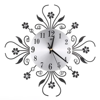 

Inlaid Diamond Flower Wall Clock Luxury Vintage Metal Large Wall Watch Living Room Silence Bedroom Morden Home Decor Wandklok
