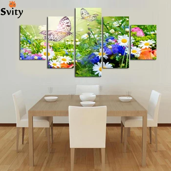 

5 panels art HD colorful blooming Flower butterfly painting on canvas picture living room home Decor Oil Painting Unframed A66