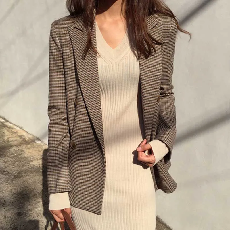 Elegant Vintage Office Lady Blazer Classic Plaid Double Breasted Female Slim Chic Small Suit British Style Slim Suit Jacket 2019