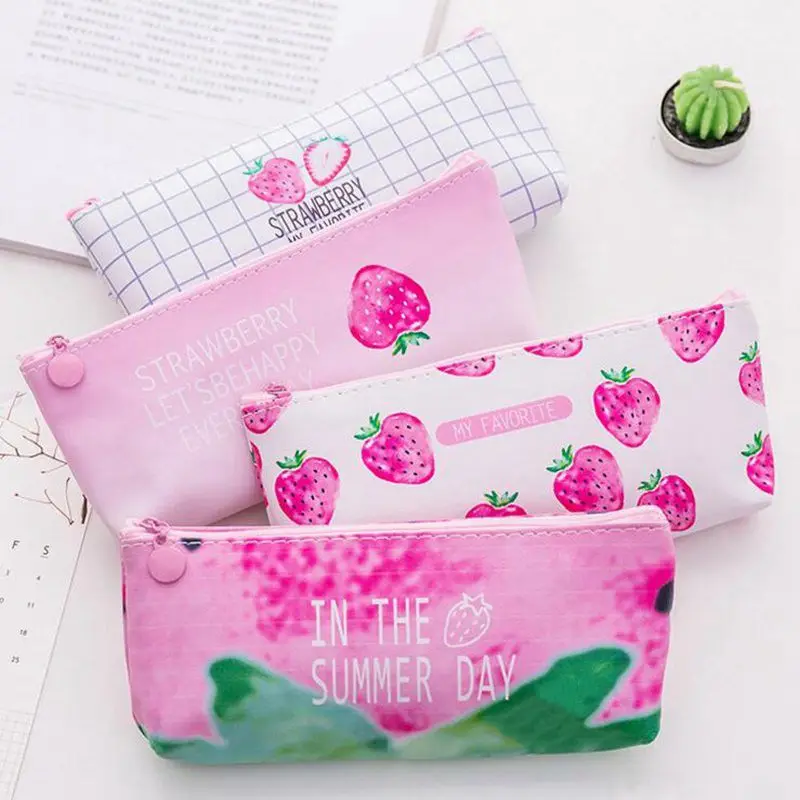 

Cute Strawberry Pattern PU Cosmetic Bag Simple Travel Bath Toiletry Kit Portable Zipper Storage Pouch Make Up Beauty Bag