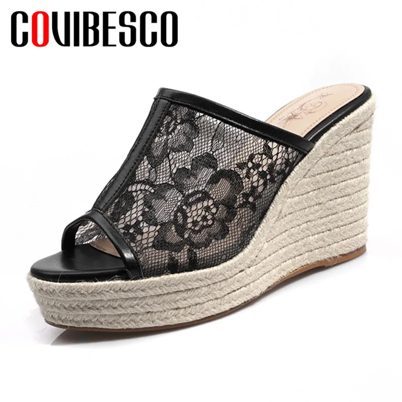 

COVIBESCO 2019 New Breathable Mesh Genuine Leather Women Sandals Summer Rome Peep Toe Women Wedges Party Casual Shoes Woman