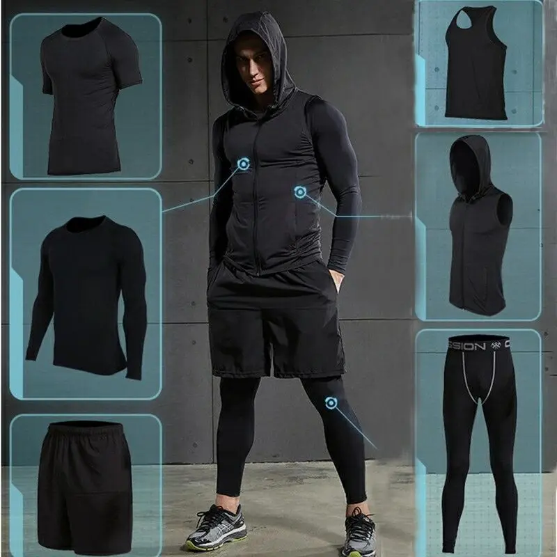 2017 Quick Dry Men's Running Sets 6pcs/sets Compression Sports Suits