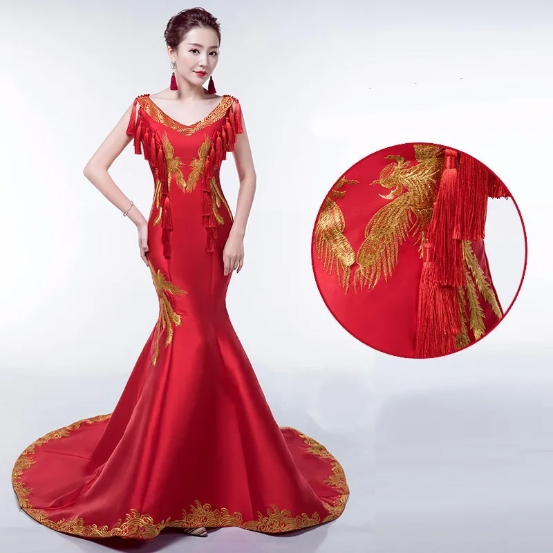 Роскошное красное вечернее платье со шлейфом элегантное модное платье с вышивкой Золотое Платье Чонсам с Фениксом традиционное китайское свадебное платье - Цвет: 6
