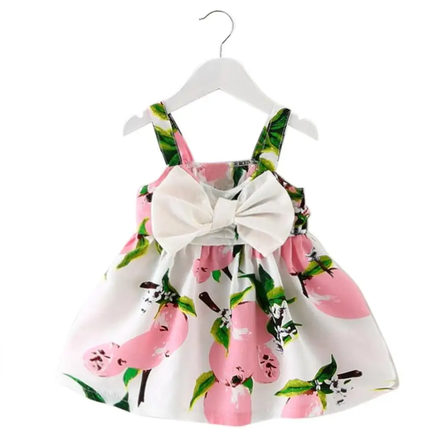 

Kids Dress Summer Fly Sleeve Sundress Bow tie Peach printing Pattern Baby Girls Dresses Fashion Children Clothes