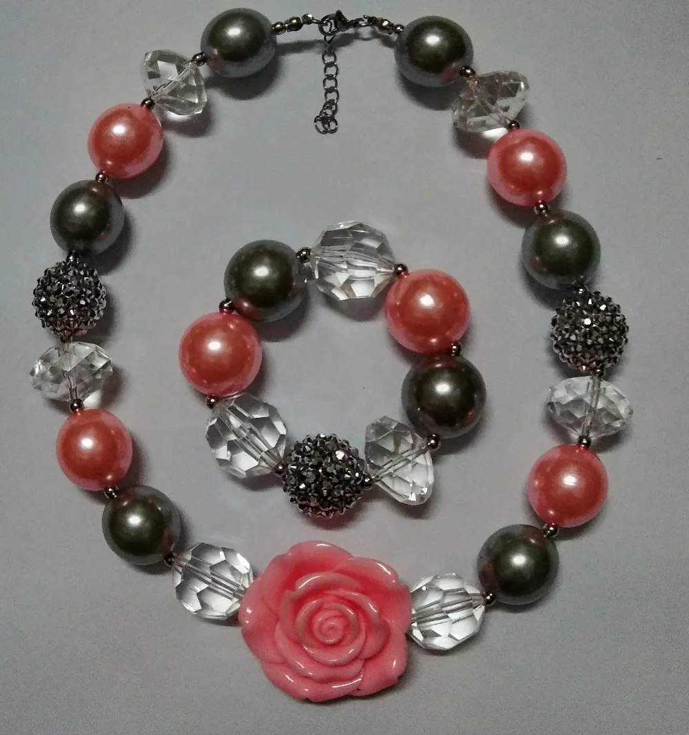 Girls-Lovely-Pink-Flower-Necklace-Chunky-Beads-Strand-Bracelets-Kids-Fancy-Dress-Ourfit-Jewelry-Set-Birthday-Party-Best-Gift-
