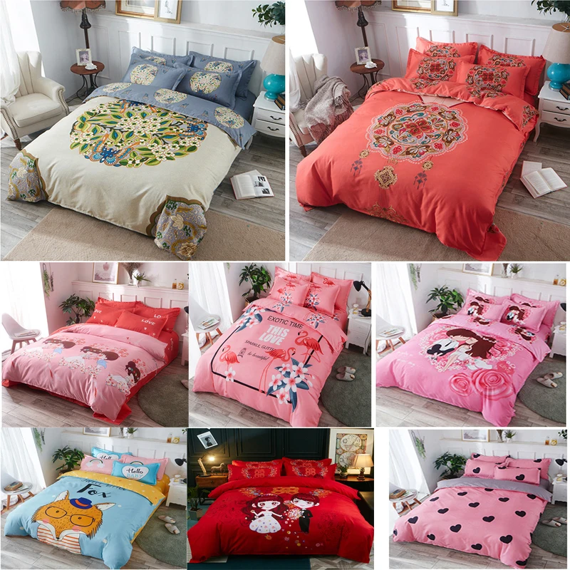 

1.5M Bed New Large Flower Cartoon Thicken Sanding Bedding Set Wedding Bed Set Quilt Cover Pillowcases Bed Sheet four pieces