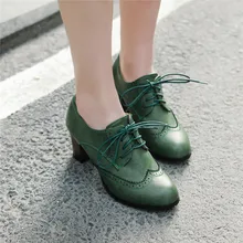 YMECHIC 2019 otoño verano Vintage negro verde gris Brogues de encaje para mujeres tacones altos bombas Roma Retro zapatos de tacón de bloque de talla grande