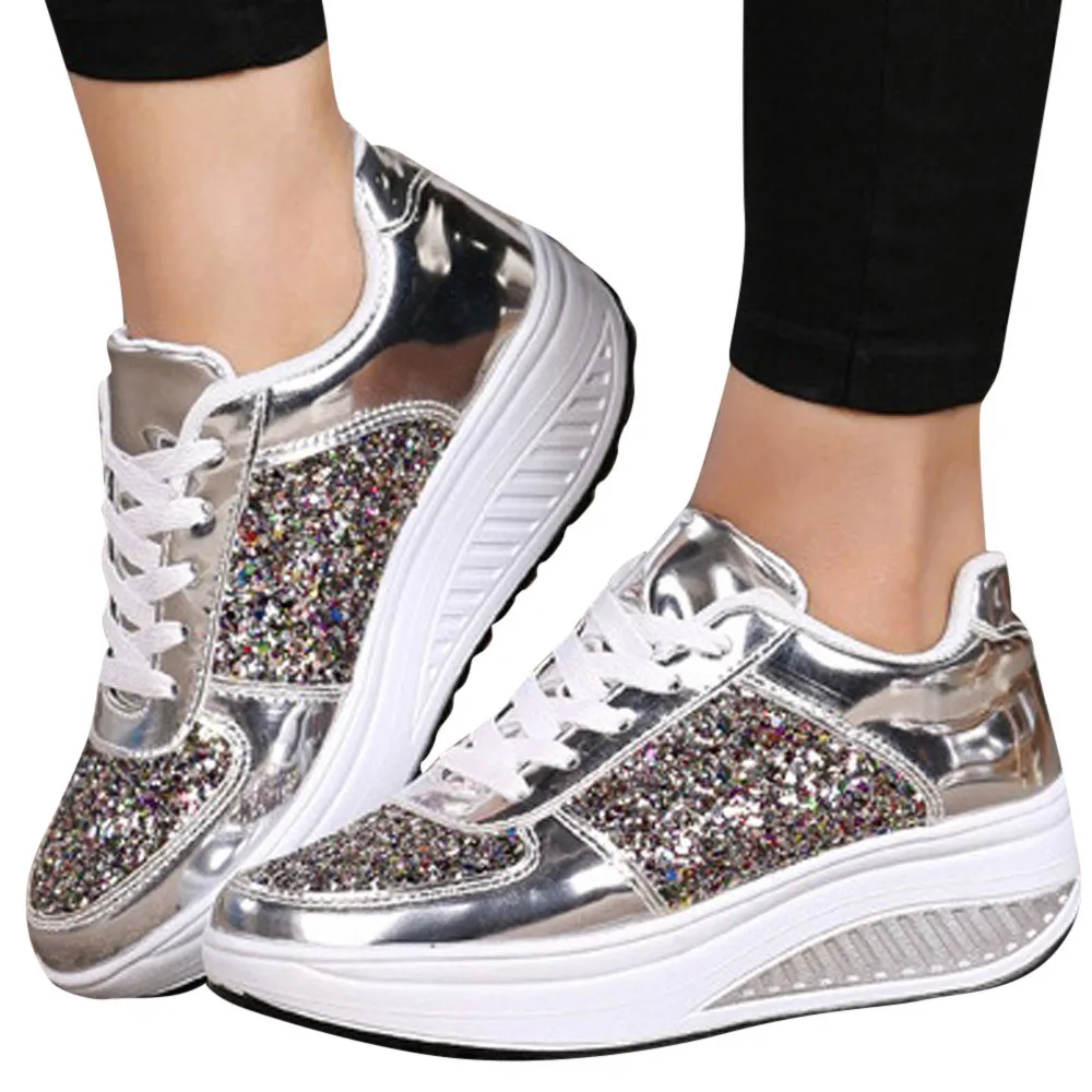 

ISHOWTIENDA Sneakers Woman Sports Shoes Lace-Up Rubber WedgesSneakers Sequins Shake Shoes Fashion Girls Sport Shoes Woman 2018