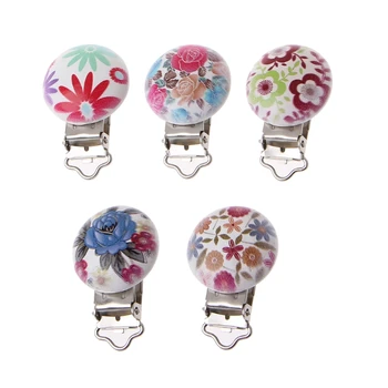 

5Pcs Wooden Baby Pacifier Clips Flower Mixed Pattern Infant Pacifier Clasp Holder