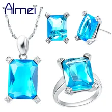 Almei ожерелья серьги кольца наборы для женщин бижутерия Кристалл Ювелирные наборы с синим камнем Свадебные украшения подарок T150
