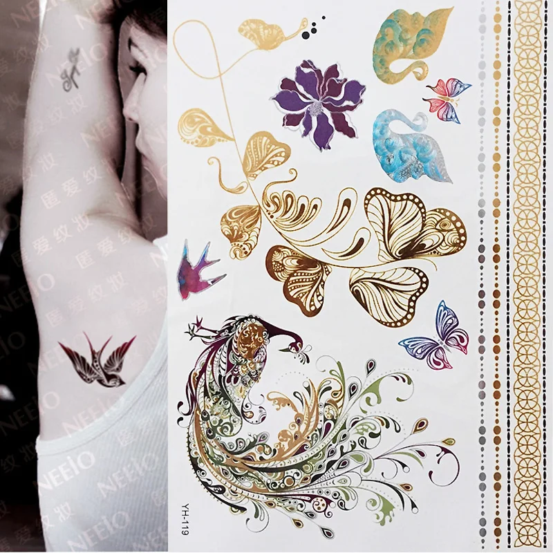 

Flash Boho Metallic Gold Flash Colorful Waterproof Temporary Tattoo Silver Peacock Swallow Swan Henna For body Art