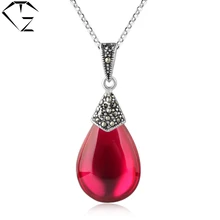 GZ Rojo Corindón MARCASITA 100% Real Pura Plata Esterlina 925 Collares pendientes para Las Mujeres Regalo S925 Colgantes de Plata Maciza LP05