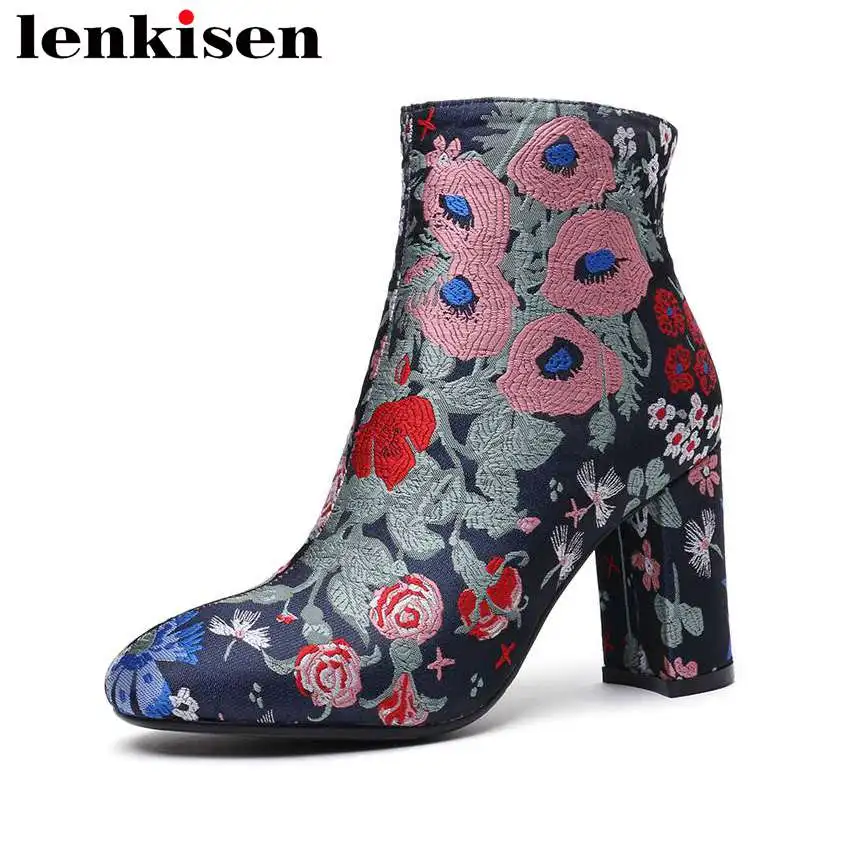 

Lenkisen square toe super high heels zipper beauty embroidery winter ankle boots plus size woman chinese ethinic style shoes L05