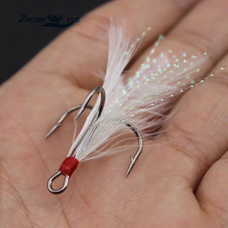 20pcs New Fishing Hooks 2#-10# Silver FishHook with Feather Treble Hooks 
