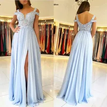 Небесно-голубые платья для выпускного вечера Длинные Аппликации Сторона Сплит топ из органди А-силуэта шифон сексуальные свадебные вечерние платья для гостей Дешевое платье для официальных мероприятий