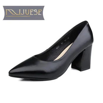 

MLJUESE 2018 new pumps women Genuine leather Black color mature office &career high heels autumn spring size 34-43