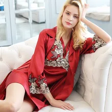 P9942 шелковые пижамы подтяжки+ халат из двух частей Домашняя одежда сексуальные кружева весна и осень Женщины шелк ночная рубашка костюм