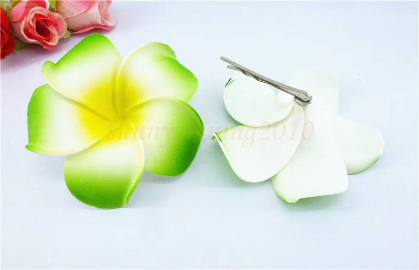 20 green color Foam Hawaiian Plumeria flower Frangipani Flower bridal hair clip 6cm