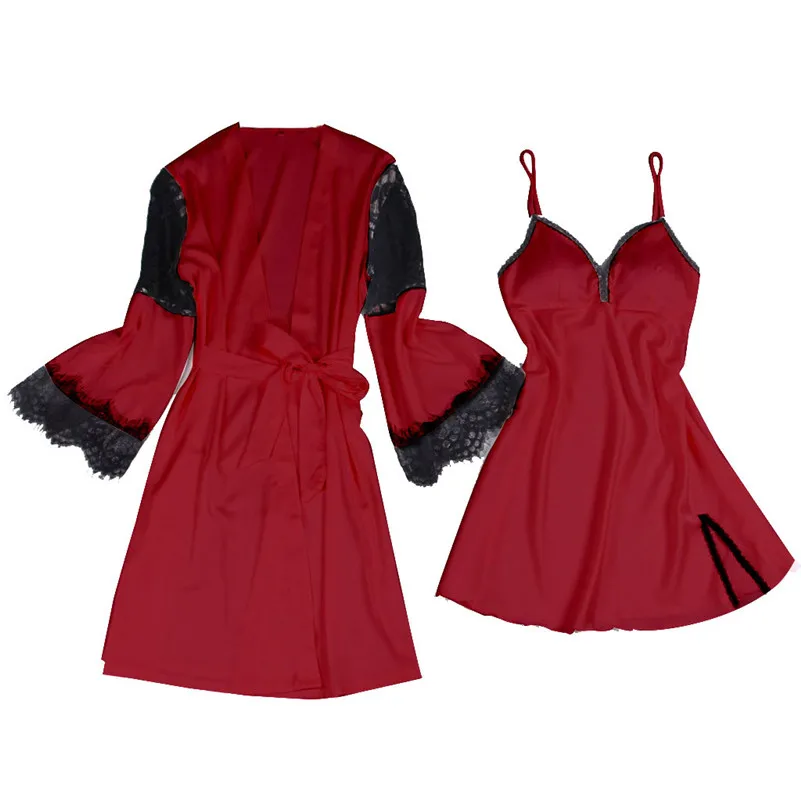 Новые модные женские пикантная кружевная Пижама Слинг V-Пижама с воротником халат и ночная рубашка пеньюар femme lounge set E1