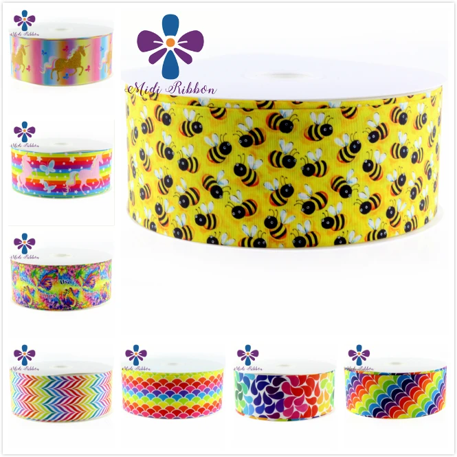 

16-75mm Rainbow Unicorn Bee Print Grosgrain Ribbon/Print foe 50y/lot diy large cheer hair bow clip gift wrapping supplies