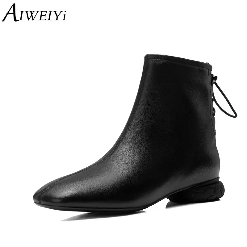 

AIWEIYi Strange Style Ankle Boots for Women Square Toe Med Heel Back Lace Up Autumn Winter Boots Short Botas Shoes