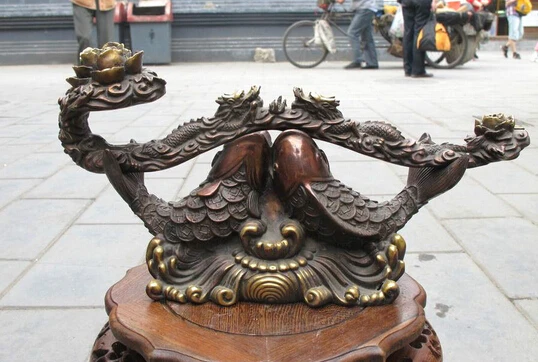 

bi001964 China Red Bronze Carved Dragon Two Money Fish ruyi Lucky Fengshui statue