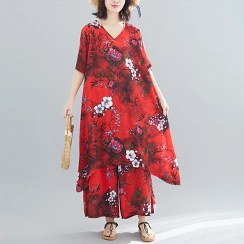 

autumn summer new retro literary high quality printing Short sleeve shirt + Ankle-Length pants large size casual women's suit