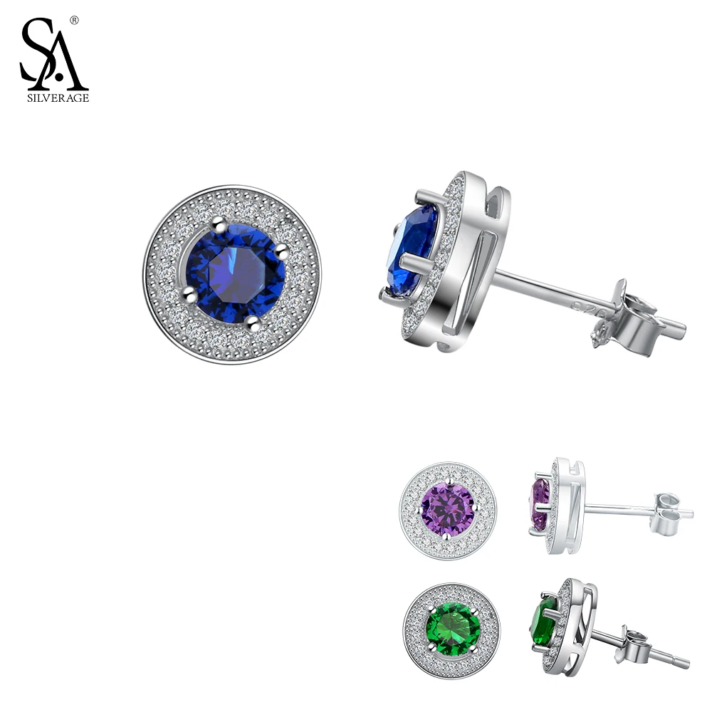 

SA SILVERAGE Fine Jewelry Three Colors Pendientes 925 Sterling Silver Gemstone Stud Earrings for Women 925 Silver Earrings Sets