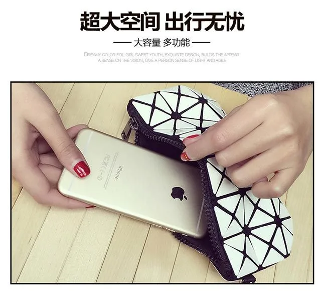 Deformable Women Geometry Quilted Plaid Mosaic Sequins Mirror Wallet Clutch Bag BaoBao Lattice Laser Foldable Cosmetic Bag (20)