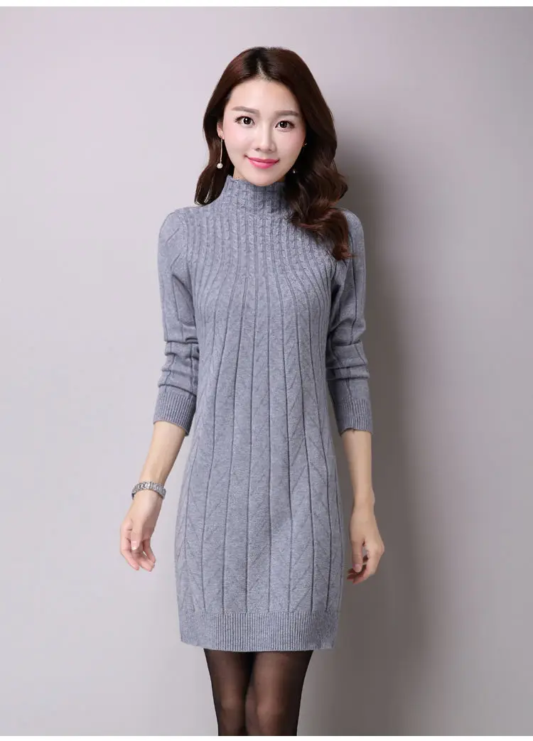 Kukombo Autumn Winter Solid Knitted Cotton Sweater Dresses New Women F