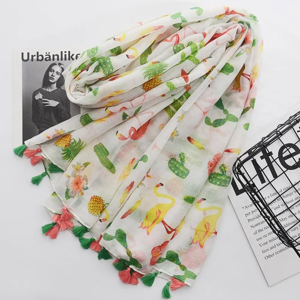 

New Vintage Fashion Women Scarf Flamingo Flower Print Tassel Shawl Neck Scarf Beach Towel