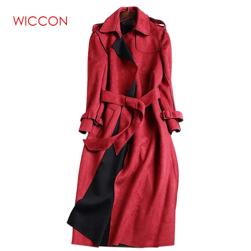 New Autumn Suede Trench Coat Women Mujer Long Elegant Outwear Female Overcoat Slim Red Suede Cardigan Trench