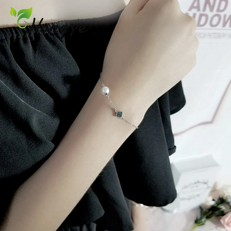 

Hongye Clover Pendant Women's Bracelet Sterling Silver 925 Link Chain Sensitive Skin Wrist Bracelet Pearl Sweet Girls Jewelry