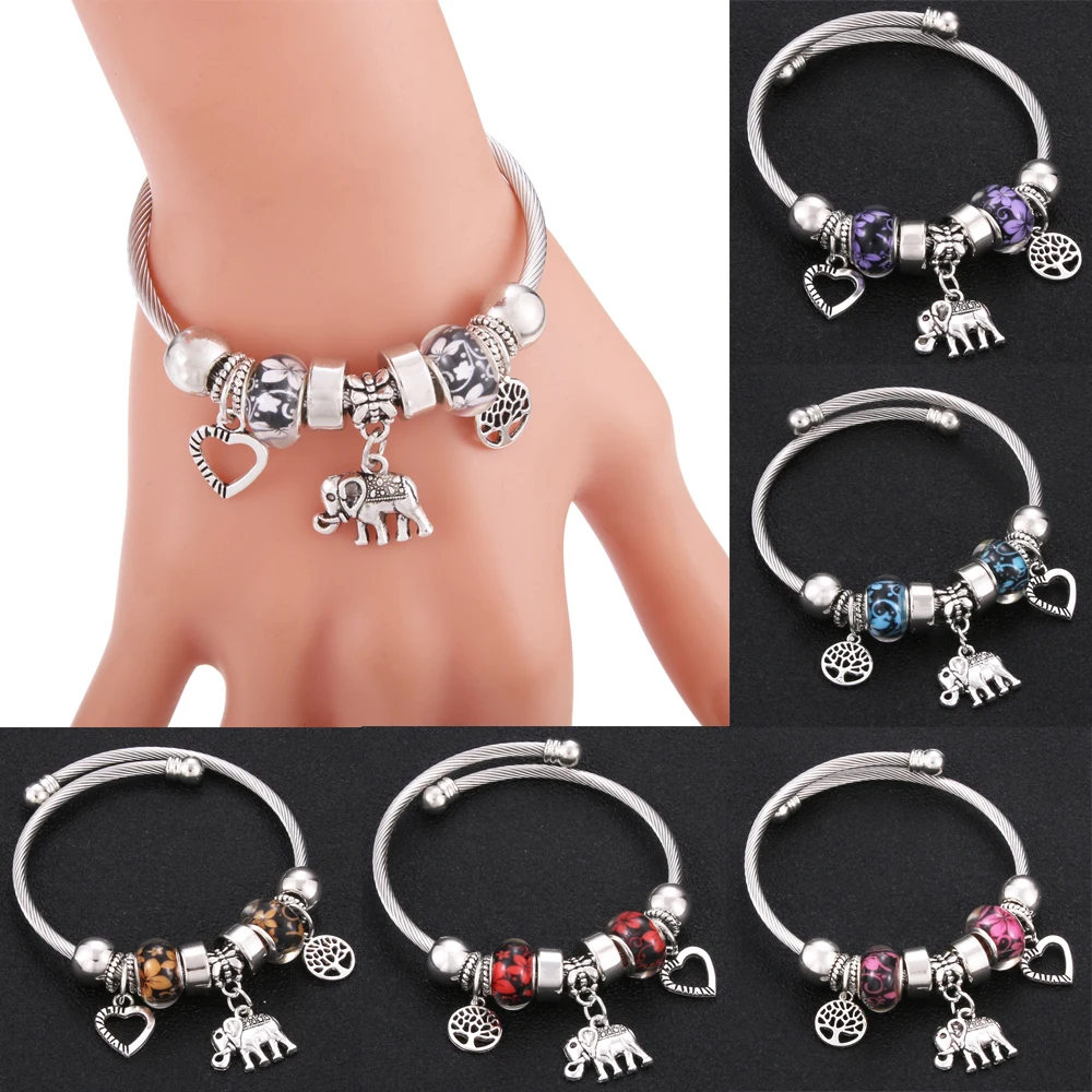 

Trendy Elastic metal beading Bracelet Elephant Love Tree Of Life Jewelry Silver Snake Chain Bangles Beaded Bracelet Fit Jewelry