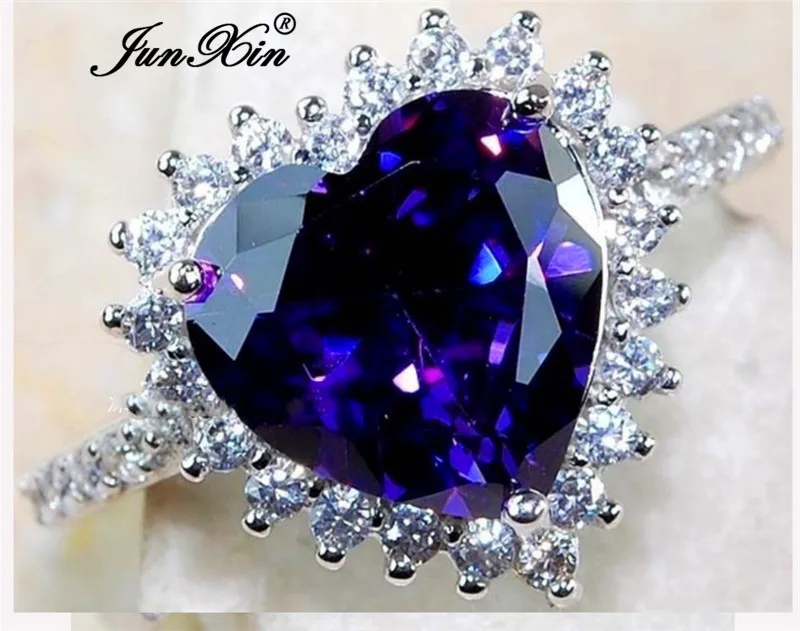 JUNXIN Luxury Brand Big Heart Stone Purple Rings For Women 925 Sterling Silver Filled Feb Birthstone Bridal Engagement Ring CZ