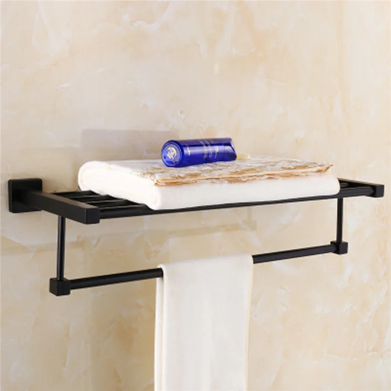 

Xueqin Matte Black Square Towel Rack Rail Toilet Brush Holder Tissue Shelf Roll Robe Hook Wall Mounted Storage Rack Double Towel