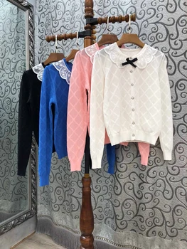 

High Quality New 2019 Autumn Fashion Sweater Cardigans Women Lace Patchwork Geometric Paterrns Casual Blue Pink White Cardigan