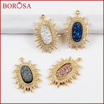 

BOROSA Rainbow 10PCS Gems Charms Pendants CZ Micro Pave Crystal Man-made Druzy Gold Color Charms for Jewelry Making WX887