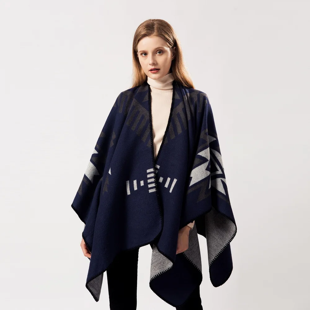 Фирменные дизайнерские пончо для женщин новые зимние кашемировые шарфы толстые одеяла шали и палантины модные геометрические кейпы с принтом