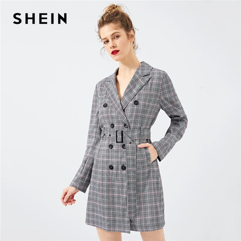 White checked long sleeve blazer dress