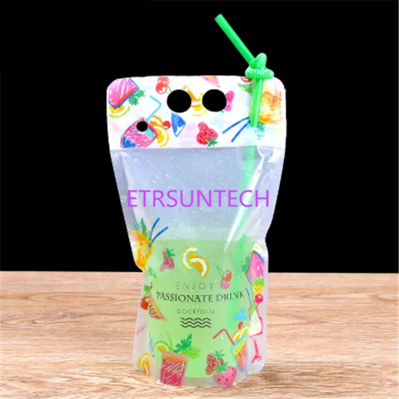 1000pcs/lot 500ml New Design Plastic Drink Packaging Bag Pouch for Beverage Juice Milk Coffee, with Handle and Holes for Straw 4