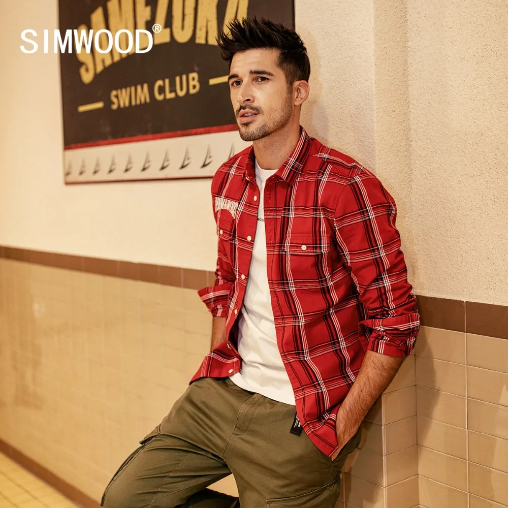 

SIMWOOD New 2019 Spring Casual Plaid Shirts Men High Quality Letter Embroidered Shirt Male High Quality Brand Clothing 190205