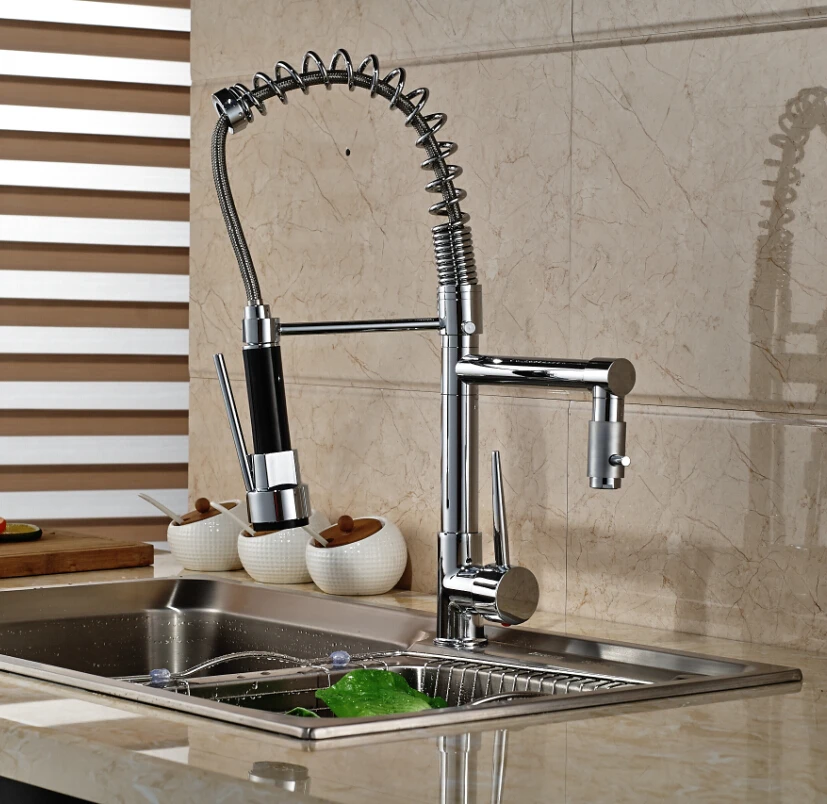 

Chrome Finish Single Handle Kitchen Faucet Deck Mount Hot and Cold Water Kitchen Mixer Taps Dual Spout