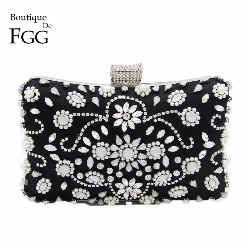 

Boutique De FGG Black & White Women Beaded Evening Bag Fashion Metal Crystal Clutches Wedding Party Flower Handbags and Purses