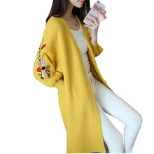 Women Sweaters Autumn Winter 2017 Long Knitted Cardigan Foral Embroidered Lantern Sleeve Pocket Outerwear Female Sweater