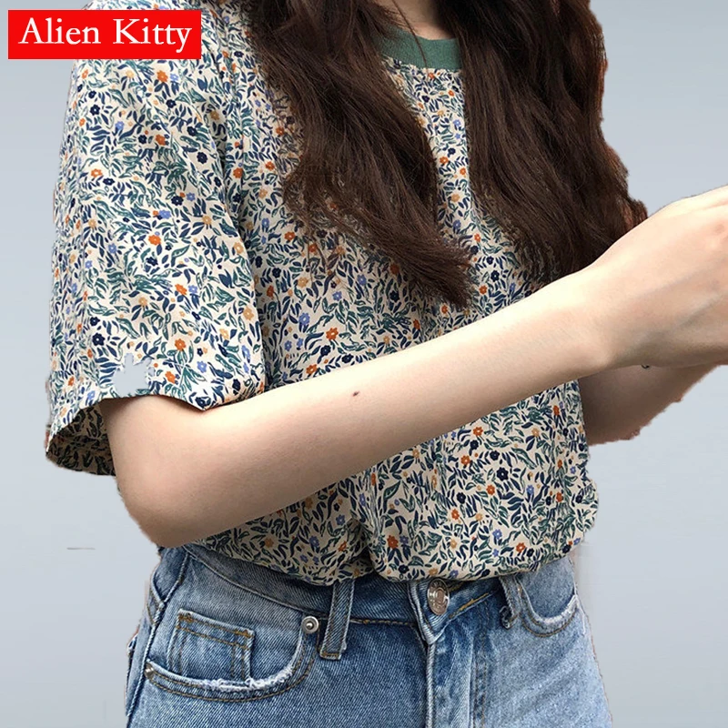 

Alien Kitty 2019 Hot Fashion Simple Retro Fresh Casual Summer Print Flowers High Quality Short Sleeves Chiffon Green T-shirt