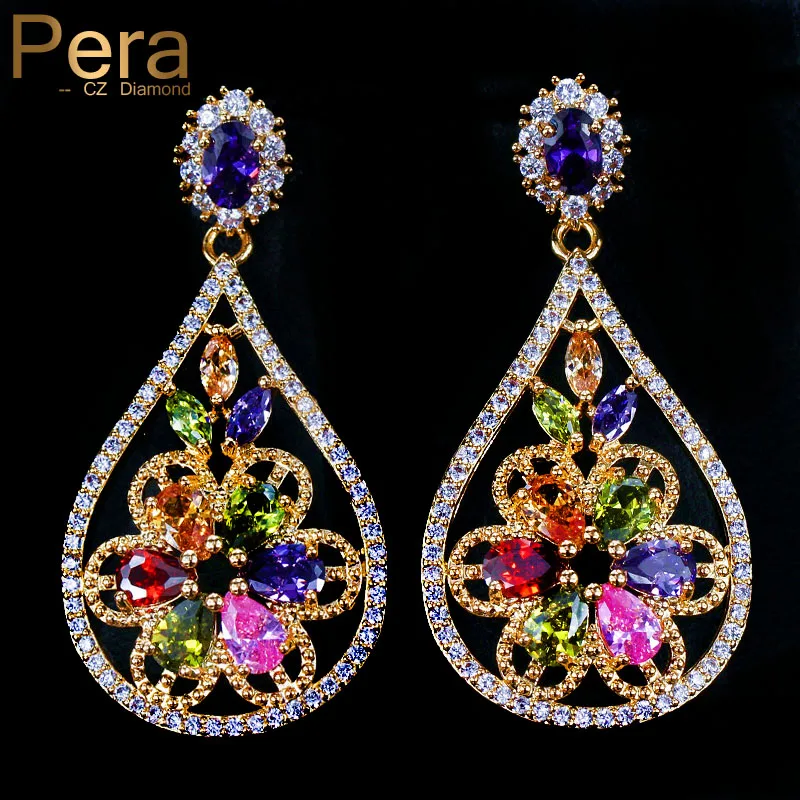

Pera Vintage African Women Big Water Drop Ear Jewelry CZ Multi Colorful Crystal Stone Pave Long Dangle Earrings For Gift E181
